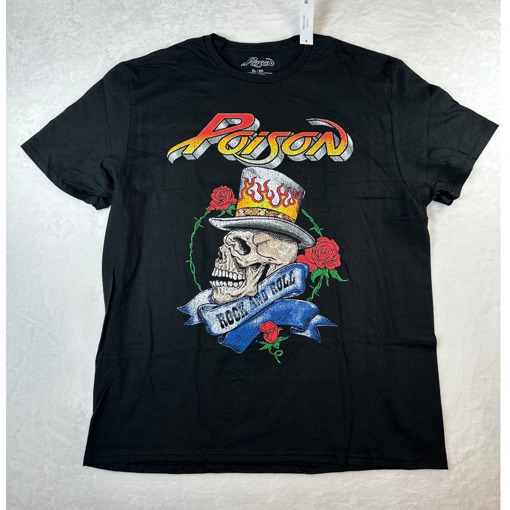 New Poison Band T-Shirt Mens XL Black Skull Flaming Top Hat Rock and Roll